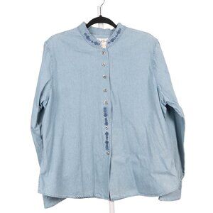 Denim Button Up Shirt VTG XL 16 18 Mandarin Collar Flraol Embroidered Cotton